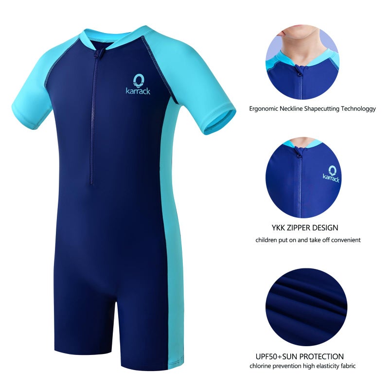 karrack Girls and Boys One Piece Rash Guard Swimsuit Kid Water Sport Short Swimsuit UPF 50+ Sun Protection Bathing Suits Blue (Size 8-10Years) - Image 4